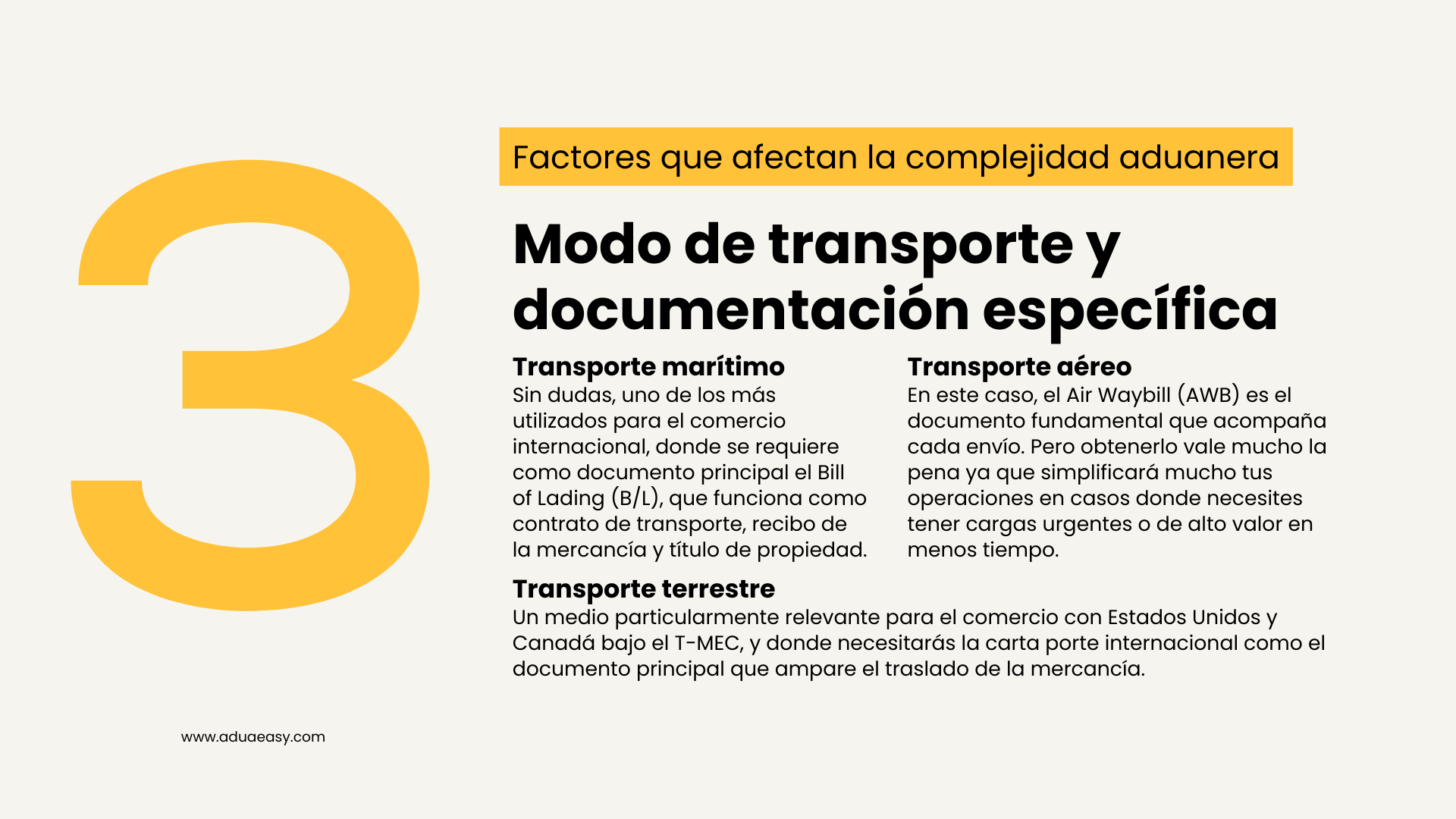 Modo de transporte y documentación específica